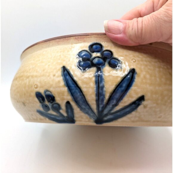 Artisan Stoneware Pottery Centerpiece Serving Bowl Blue Flowers Tan Salt Glaze - Picture 6 of 8